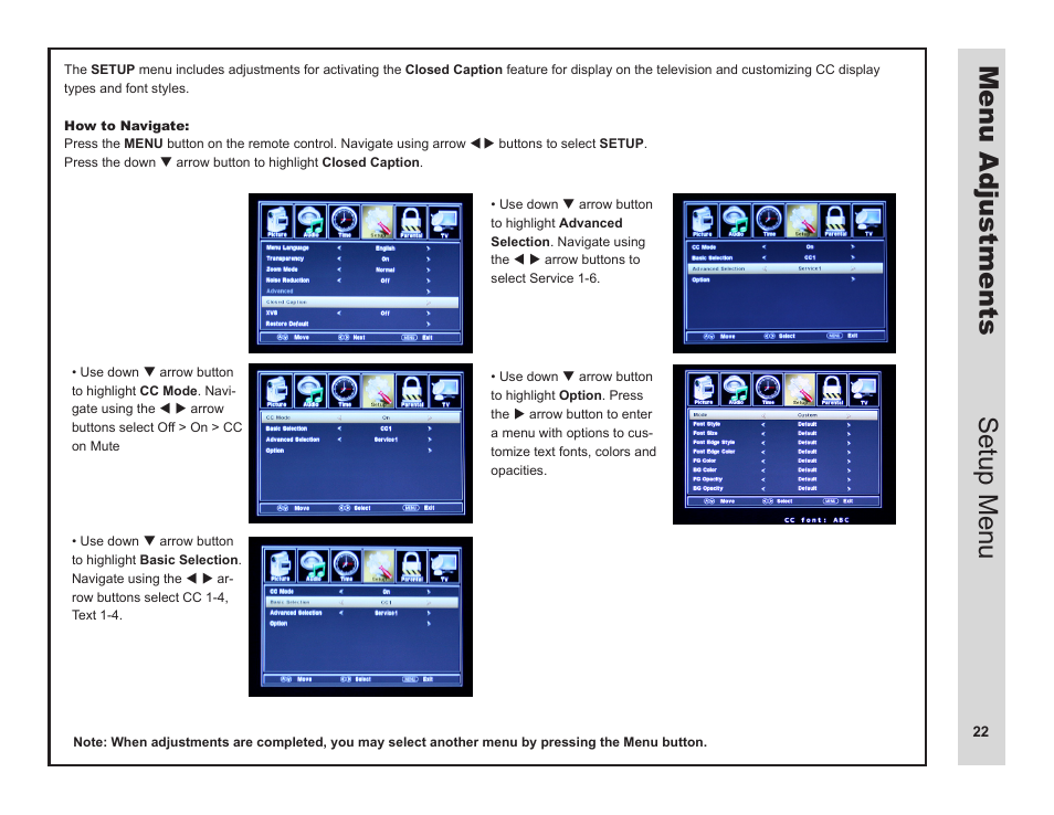 Menu adjustments, Setup menu | Apex Digital LD3249 User Manual | Page 23 / 32