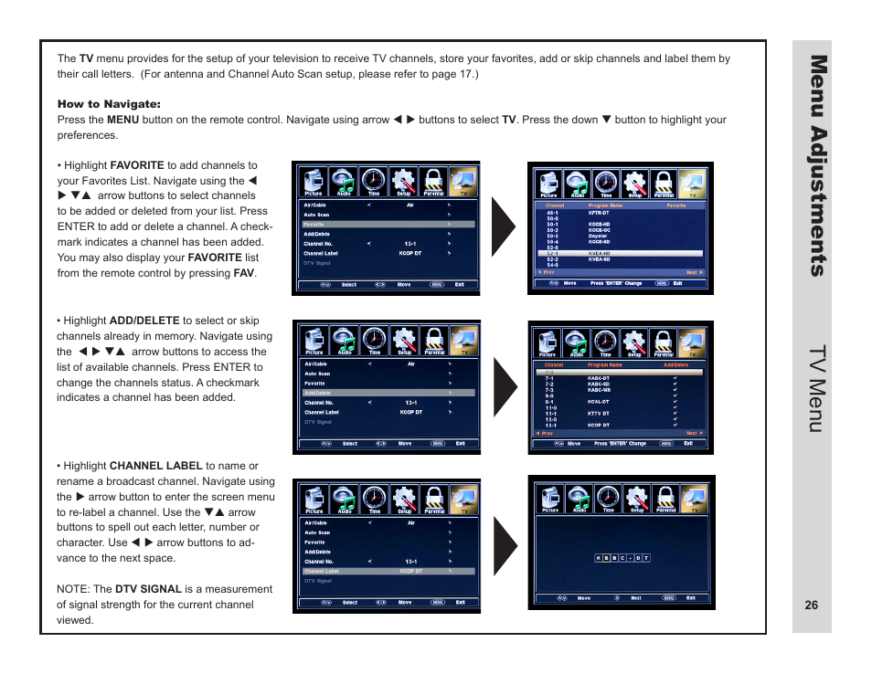 Menu adjustments tv menu | Apex Digital LD3249 User Manual | Page 27 / 32