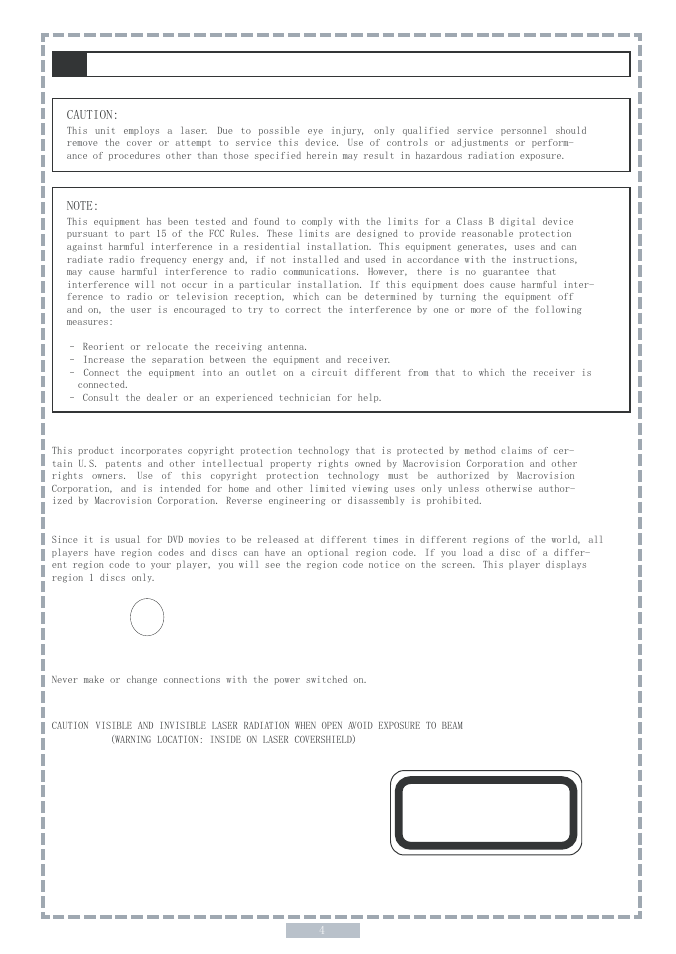 Class 1 laser product, Fcc and safety information | Apex Digital PD5 User Manual | Page 4 / 35