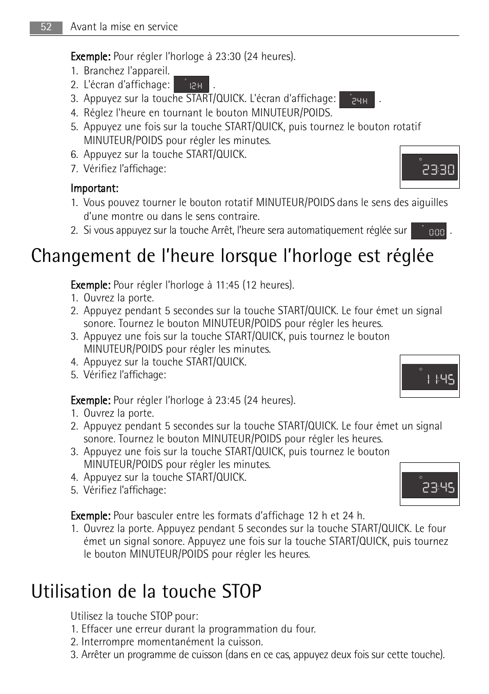 Changement de l’heure lorsque l’horloge est réglée, Utilisation de la touche stop | AEG MC2665E-M User Manual | Page 52 / 228