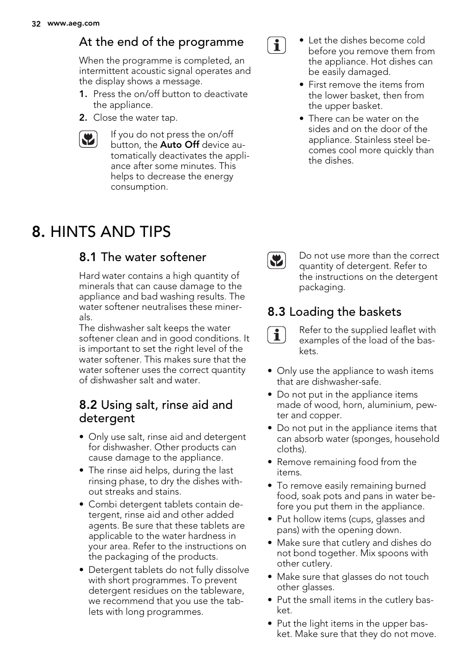 Hints and tips, At the end of the programme, 1 the water softener | 2 using salt, rinse aid and detergent, 3 loading the baskets | AEG F65042W0P User Manual | Page 32 / 76