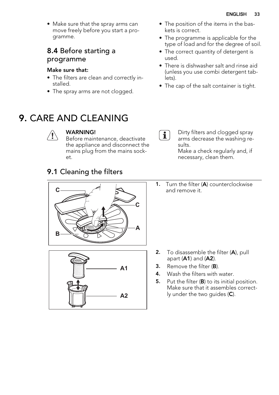 Care and cleaning, 4 before starting a programme, 1 cleaning the filters | AEG F65042W0P User Manual | Page 33 / 76