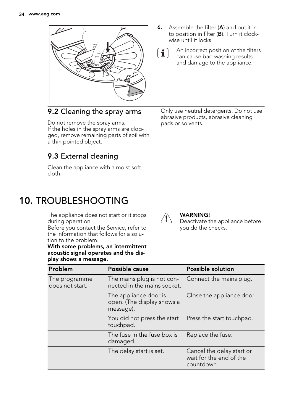 Troubleshooting, 2 cleaning the spray arms, 3 external cleaning | AEG F65042W0P User Manual | Page 34 / 76