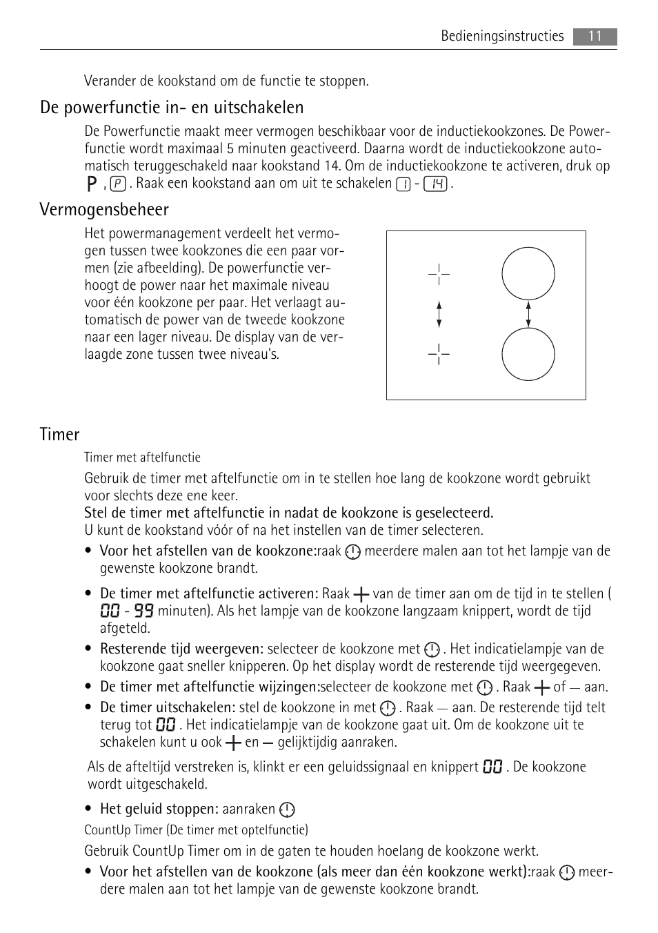 De powerfunctie in- en uitschakelen, Vermogensbeheer, Timer | AEG HK693322XG User Manual | Page 11 / 68