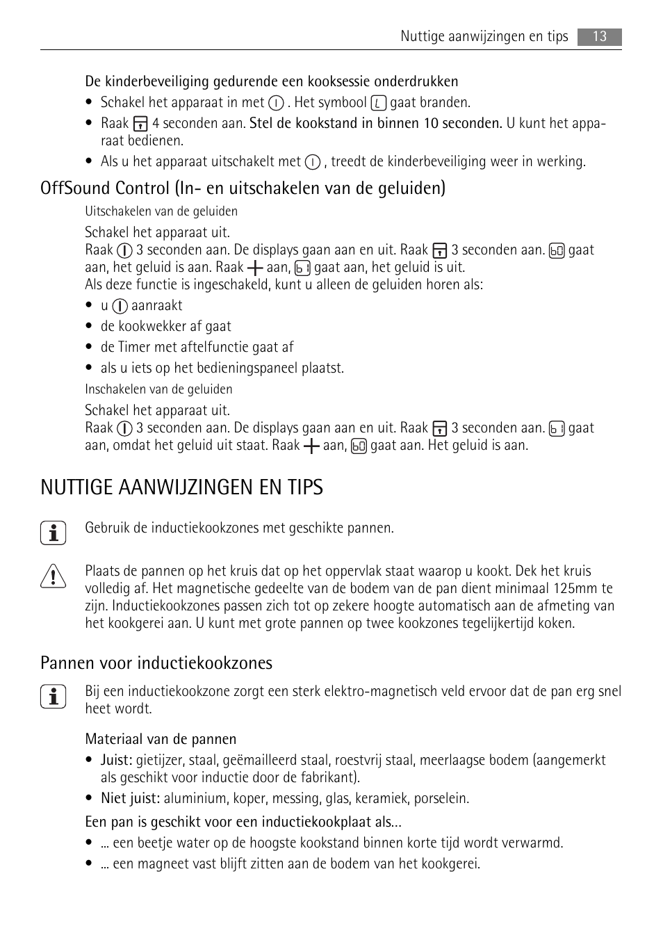 Nuttige aanwijzingen en tips, Pannen voor inductiekookzones | AEG HK693322XG User Manual | Page 13 / 68