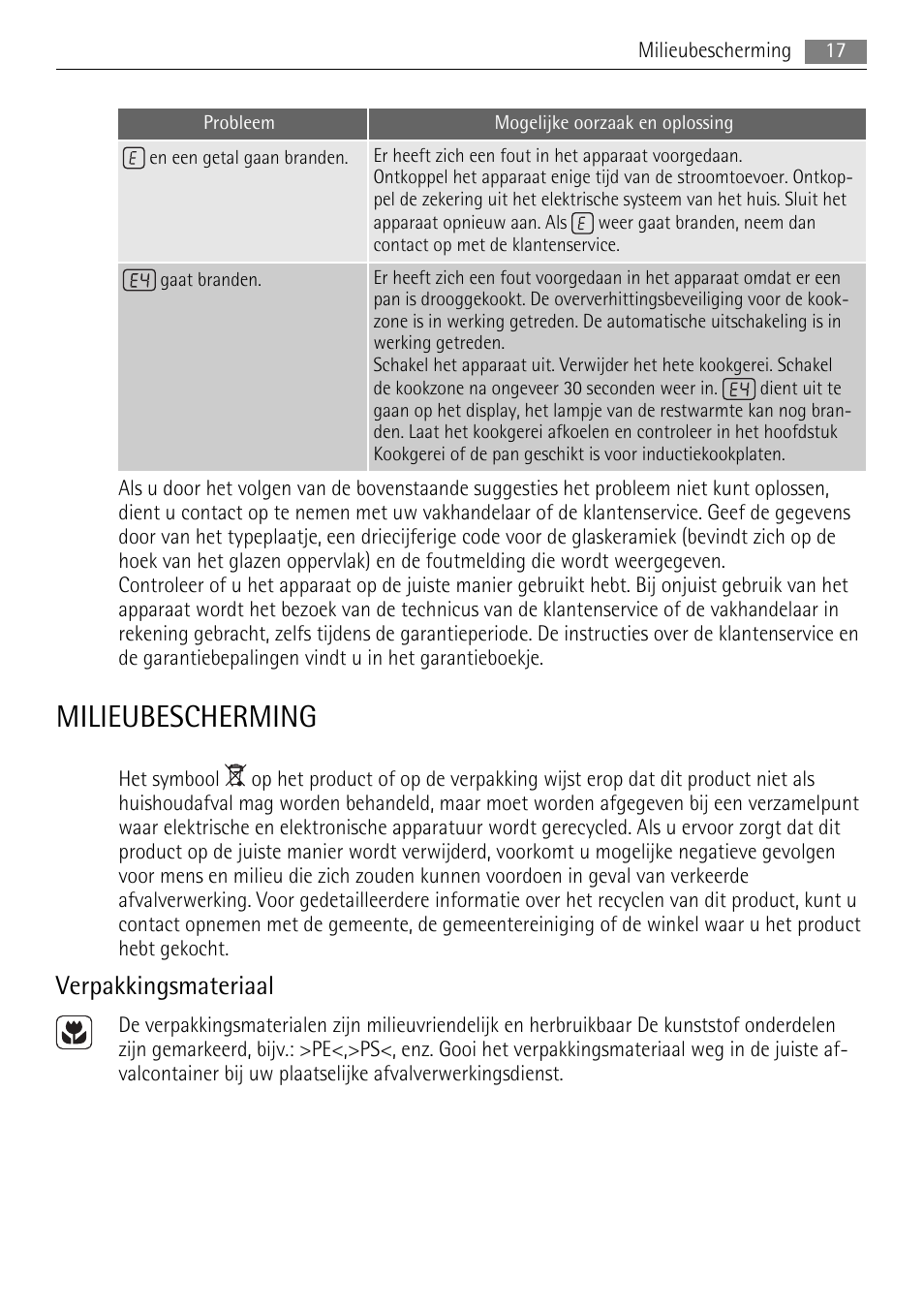Milieubescherming, Verpakkingsmateriaal | AEG HK693322XG User Manual | Page 17 / 68