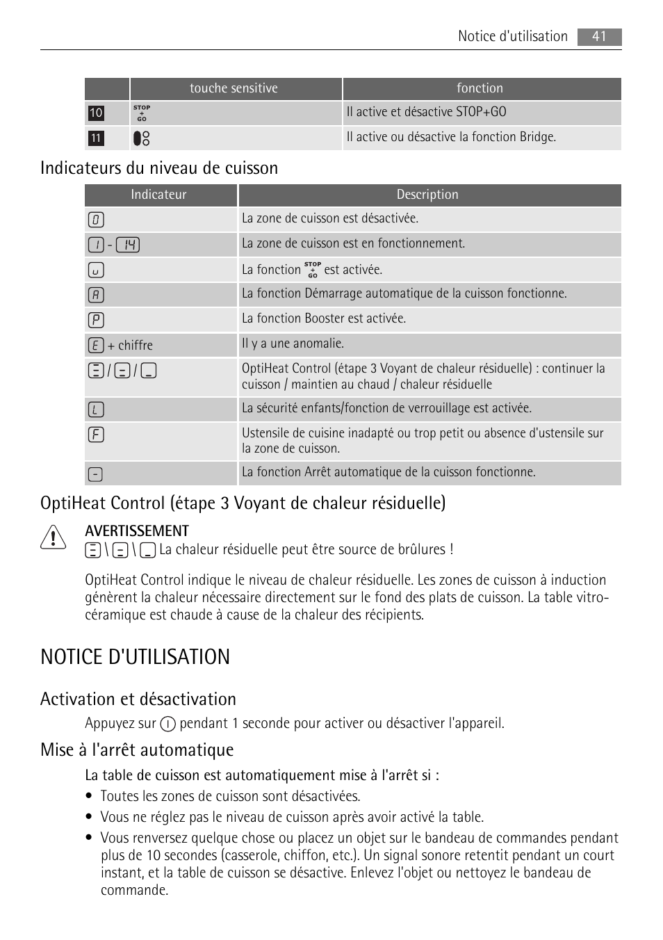 Notice d'utilisation, Indicateurs du niveau de cuisson, Activation et désactivation | Mise à l'arrêt automatique | AEG HK693322XG User Manual | Page 41 / 68