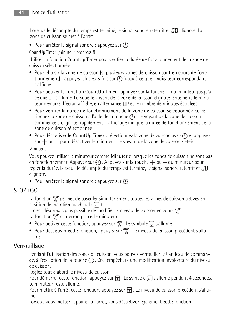 Stop+go, Verrouillage | AEG HK693322XG User Manual | Page 44 / 68
