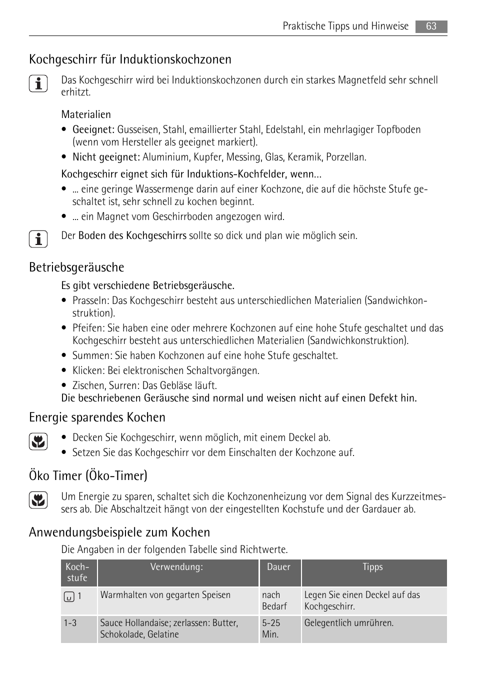 Kochgeschirr für induktionskochzonen, Betriebsgeräusche, Energie sparendes kochen | Öko timer (öko-timer), Anwendungsbeispiele zum kochen | AEG HK693322XG User Manual | Page 63 / 68
