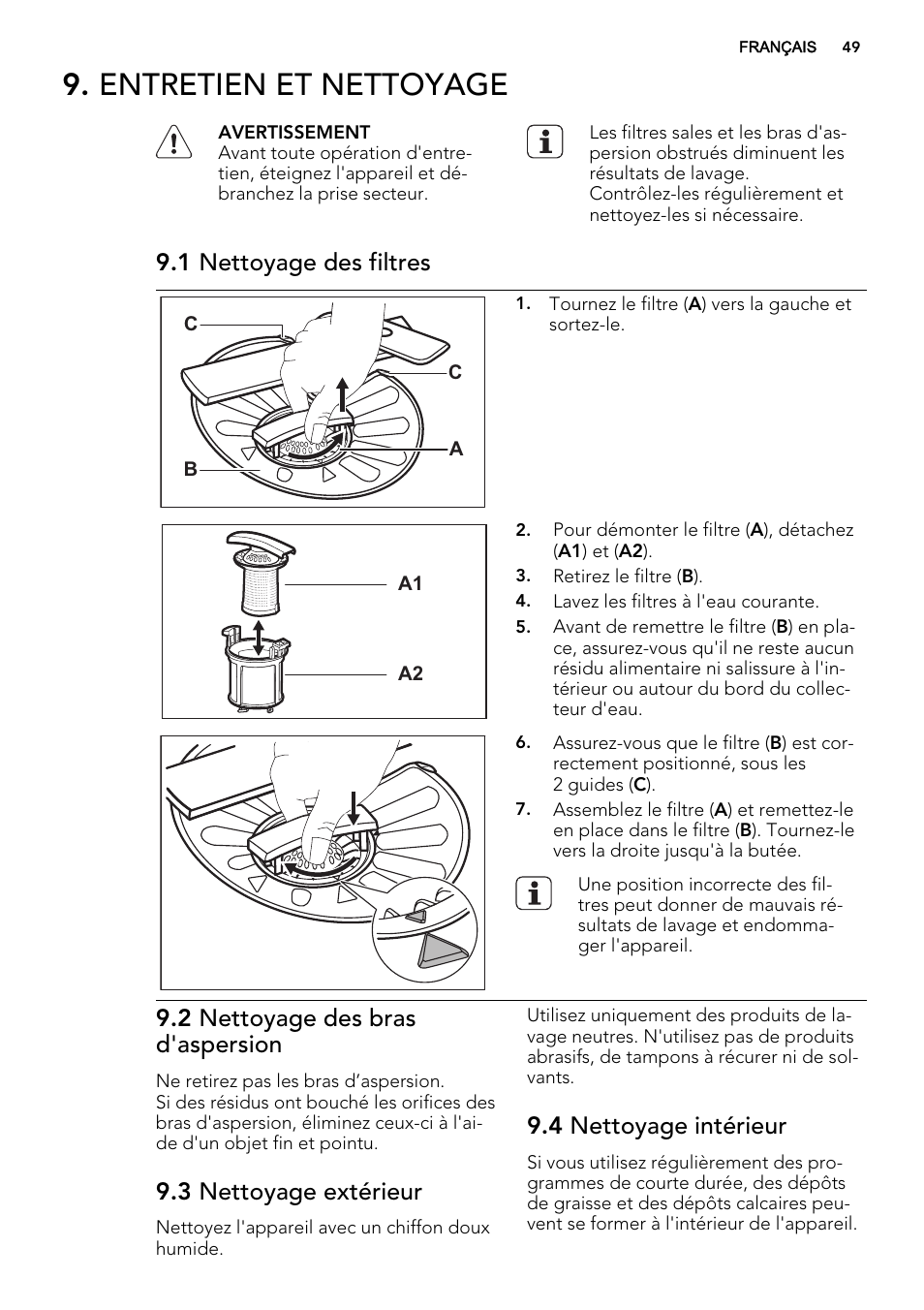 Entretien et nettoyage, 1 nettoyage des filtres, 2 nettoyage des bras d'aspersion | 3 nettoyage extérieur, 4 nettoyage intérieur | AEG F65042W0P User Manual | Page 49 / 72