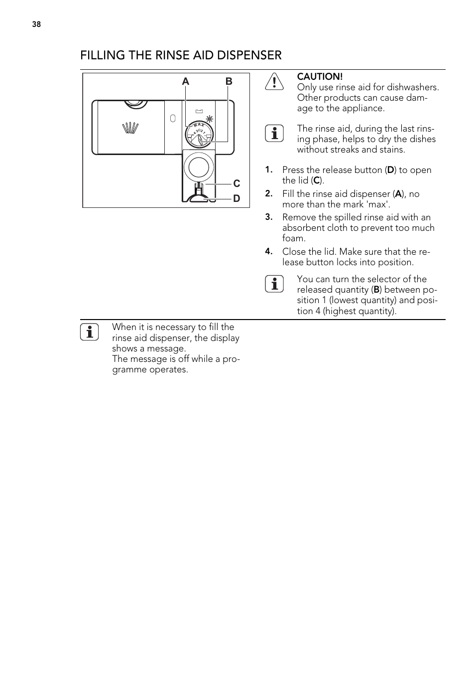 Filling the rinse aid dispenser, Ab d c | AEG F65042W0P User Manual | Page 38 / 96
