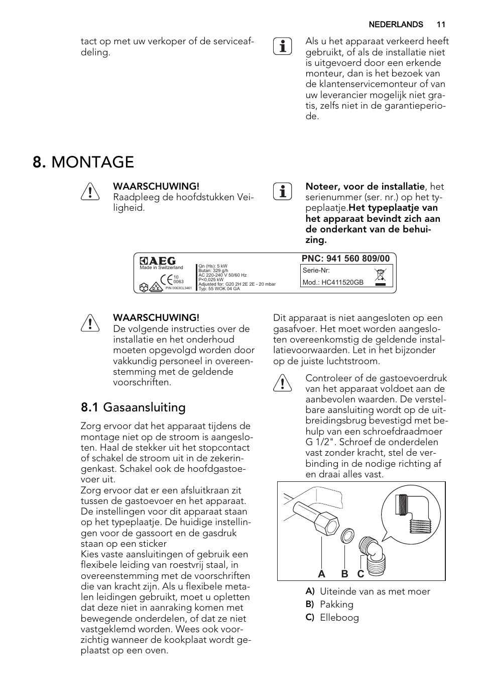 Montage, 1 gasaansluiting | AEG HC412000GB User Manual | Page 11 / 64