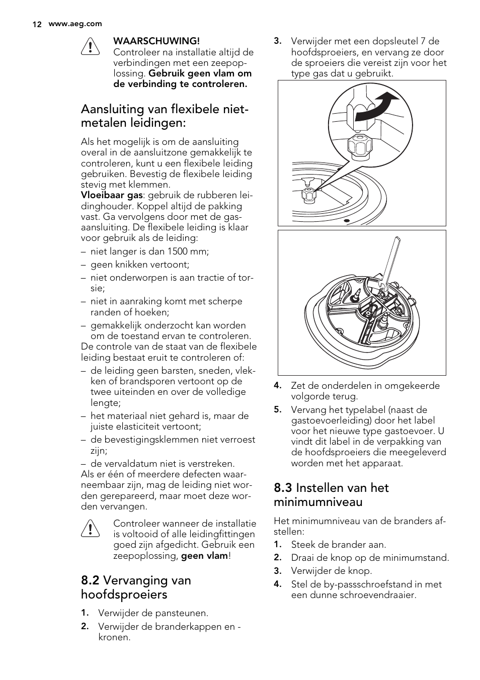 Aansluiting van flexibele niet- metalen leidingen, 2 vervanging van hoofdsproeiers, 3 instellen van het minimumniveau | AEG HC412000GB User Manual | Page 12 / 64