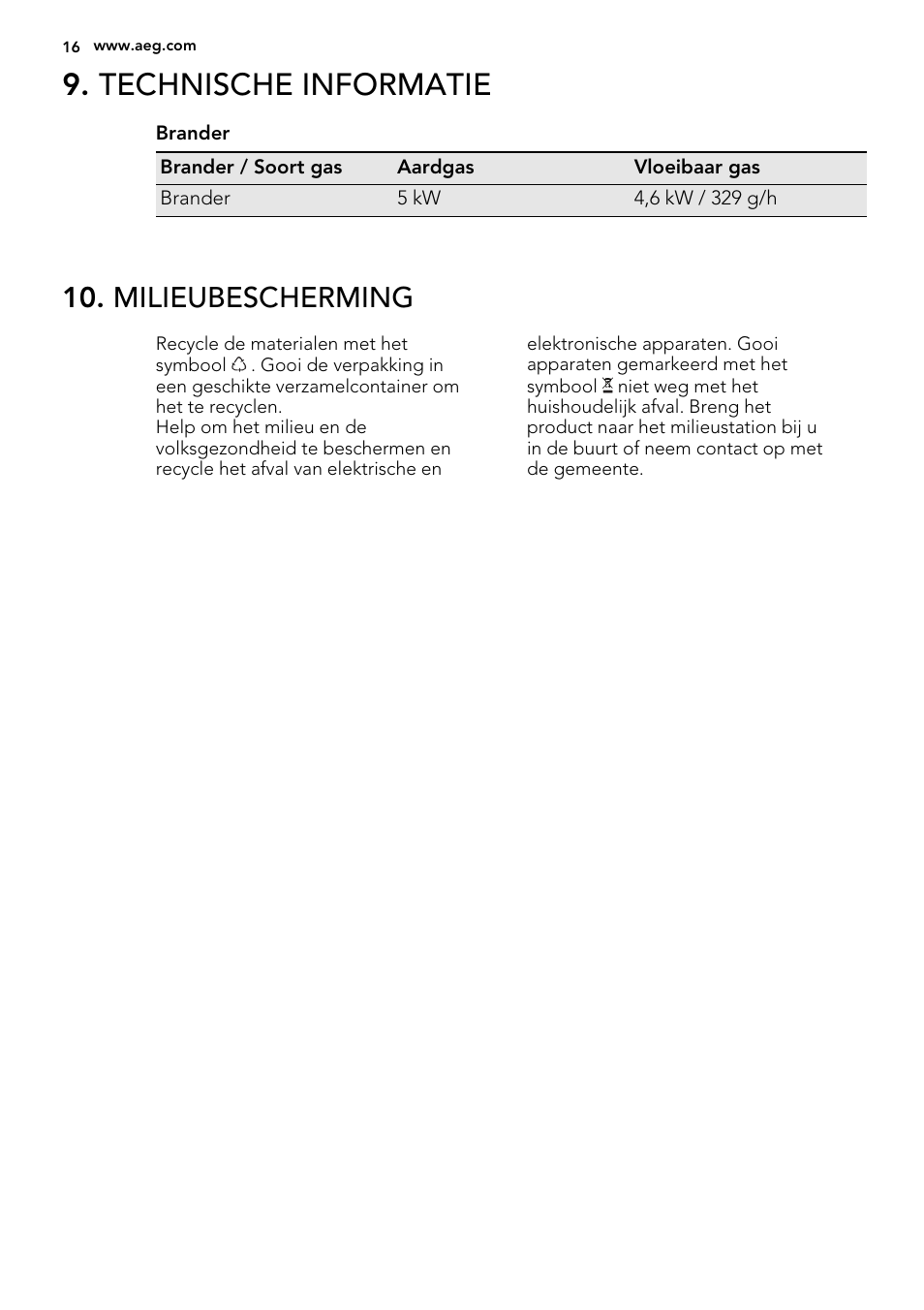 Technische informatie, Milieubescherming | AEG HC412000GB User Manual | Page 16 / 64