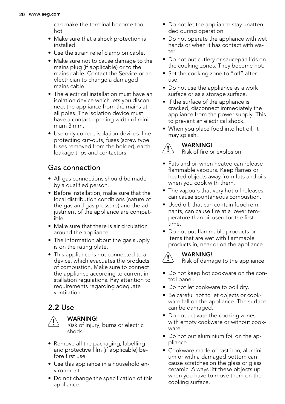 Gas connection, 2 use | AEG HC412000GB User Manual | Page 20 / 64