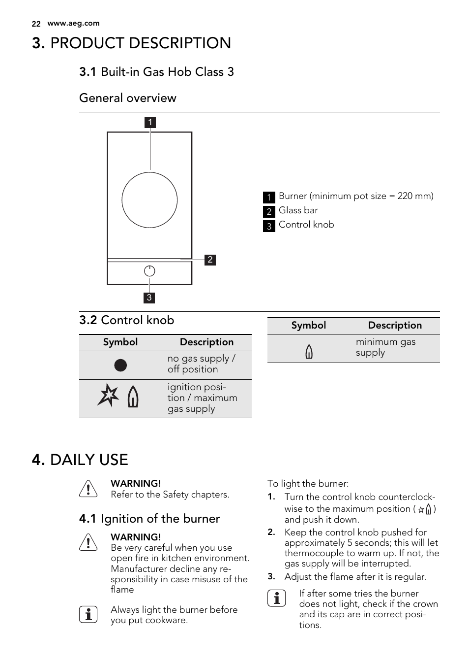 Product description, Daily use, 1 built-in gas hob class 3 general overview | 2 control knob, 1 ignition of the burner | AEG HC412000GB User Manual | Page 22 / 64