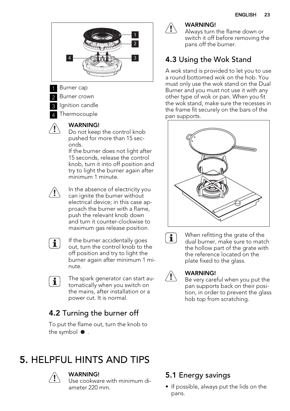 Helpful hints and tips, 2 turning the burner off, 3 using the wok stand | 1 energy savings | AEG HC412000GB User Manual | Page 23 / 64