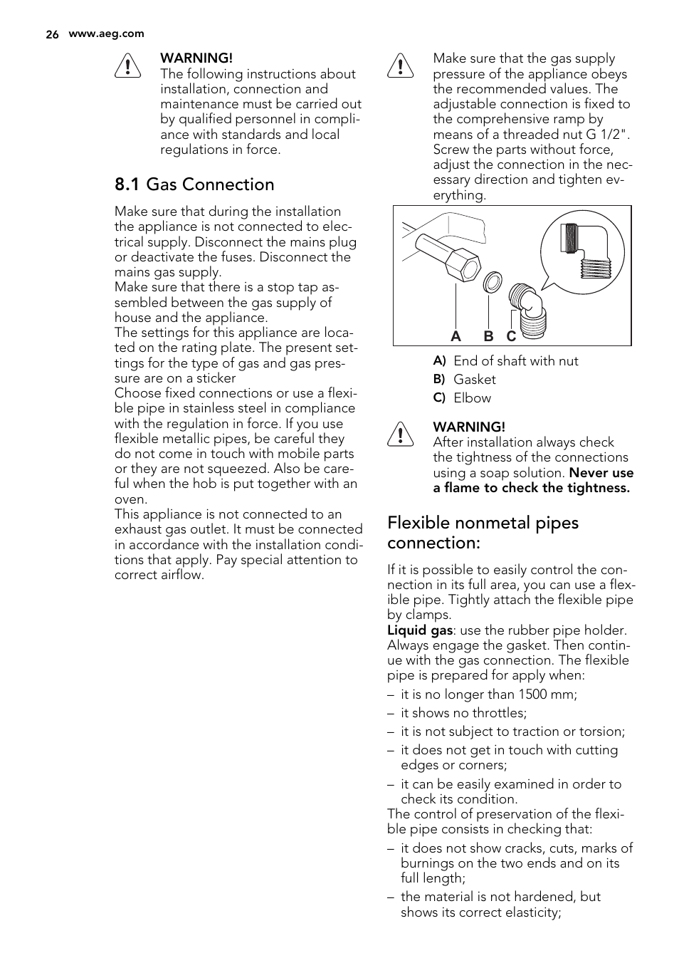 1 gas connection, Flexible nonmetal pipes connection | AEG HC412000GB User Manual | Page 26 / 64