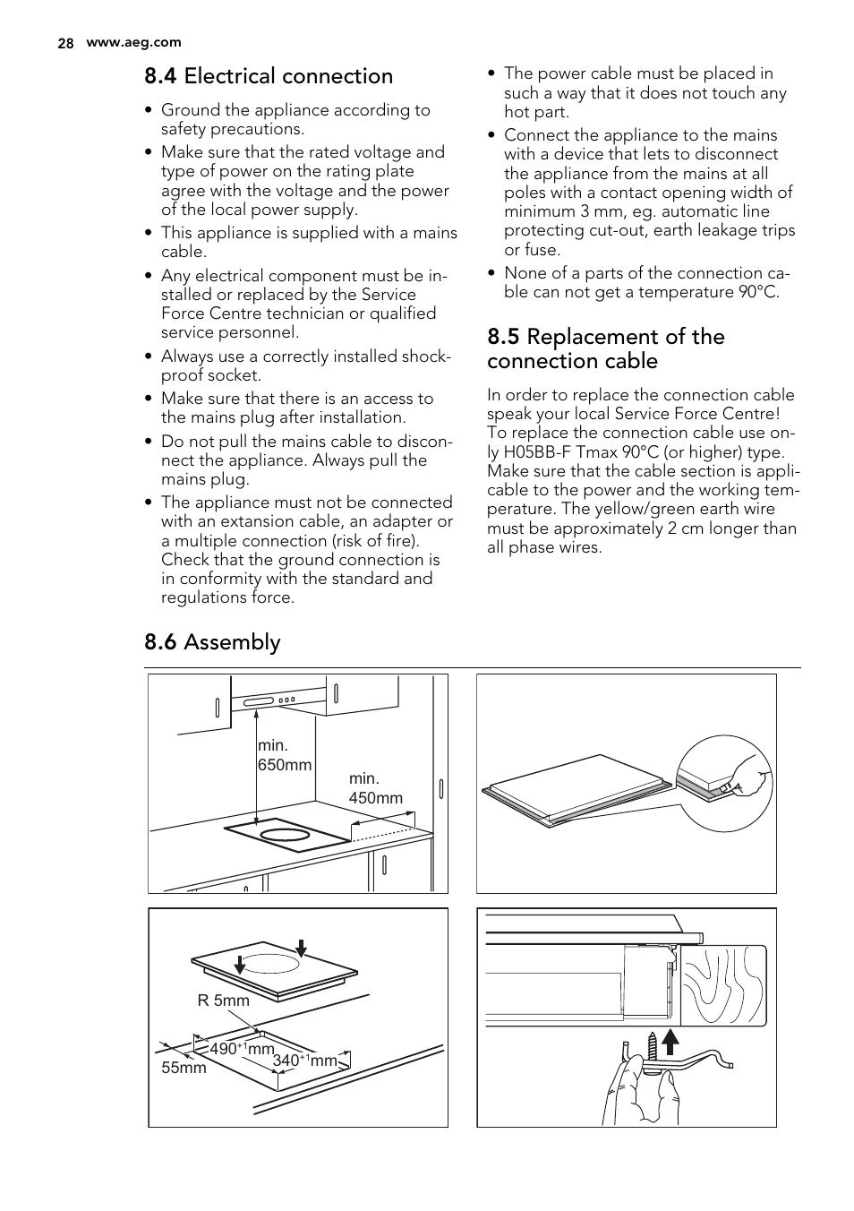 4 electrical connection, 5 replacement of the connection cable, 6 assembly | AEG HC412000GB User Manual | Page 28 / 64