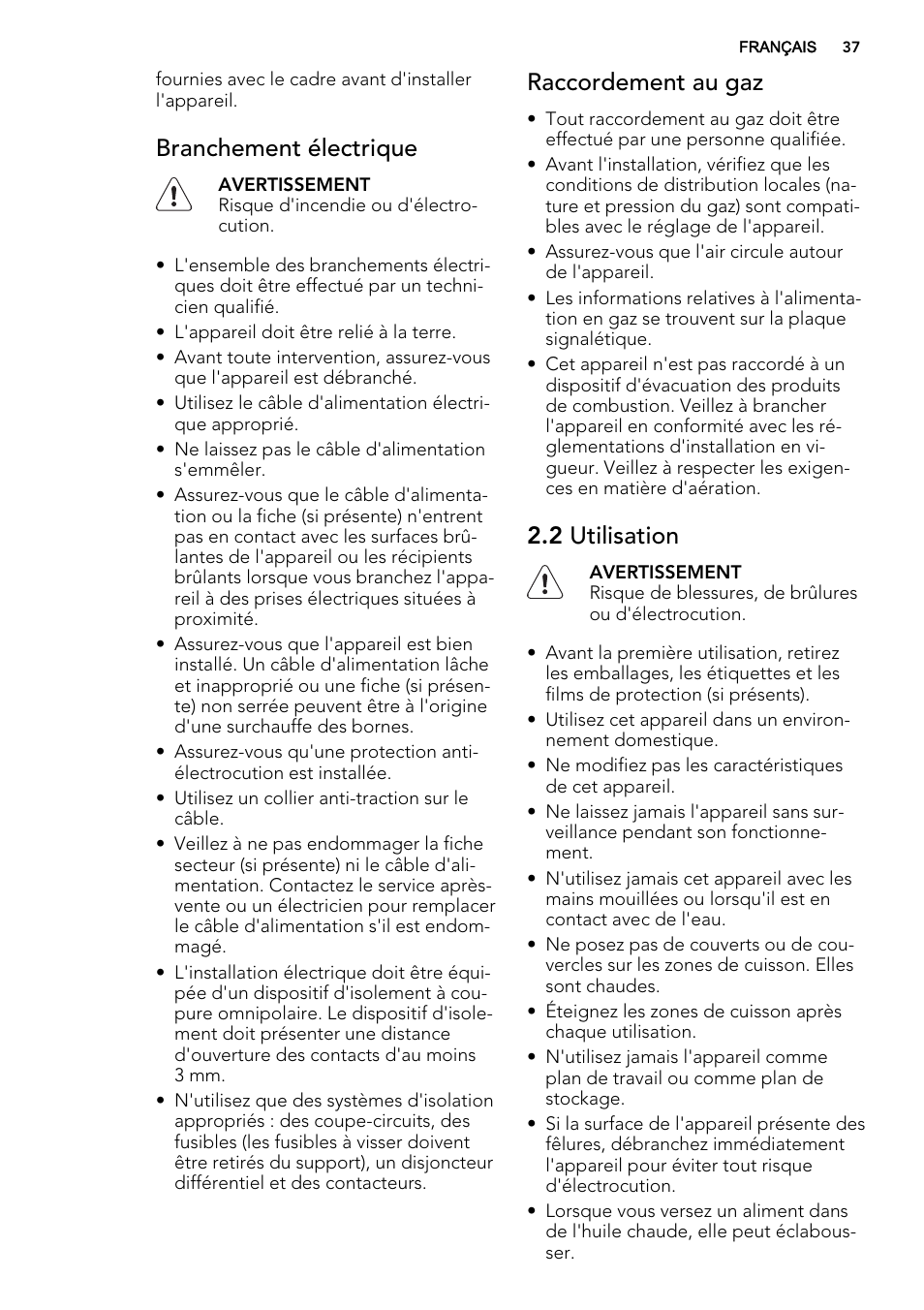 Branchement électrique, Raccordement au gaz, 2 utilisation | AEG HC412000GB User Manual | Page 37 / 64