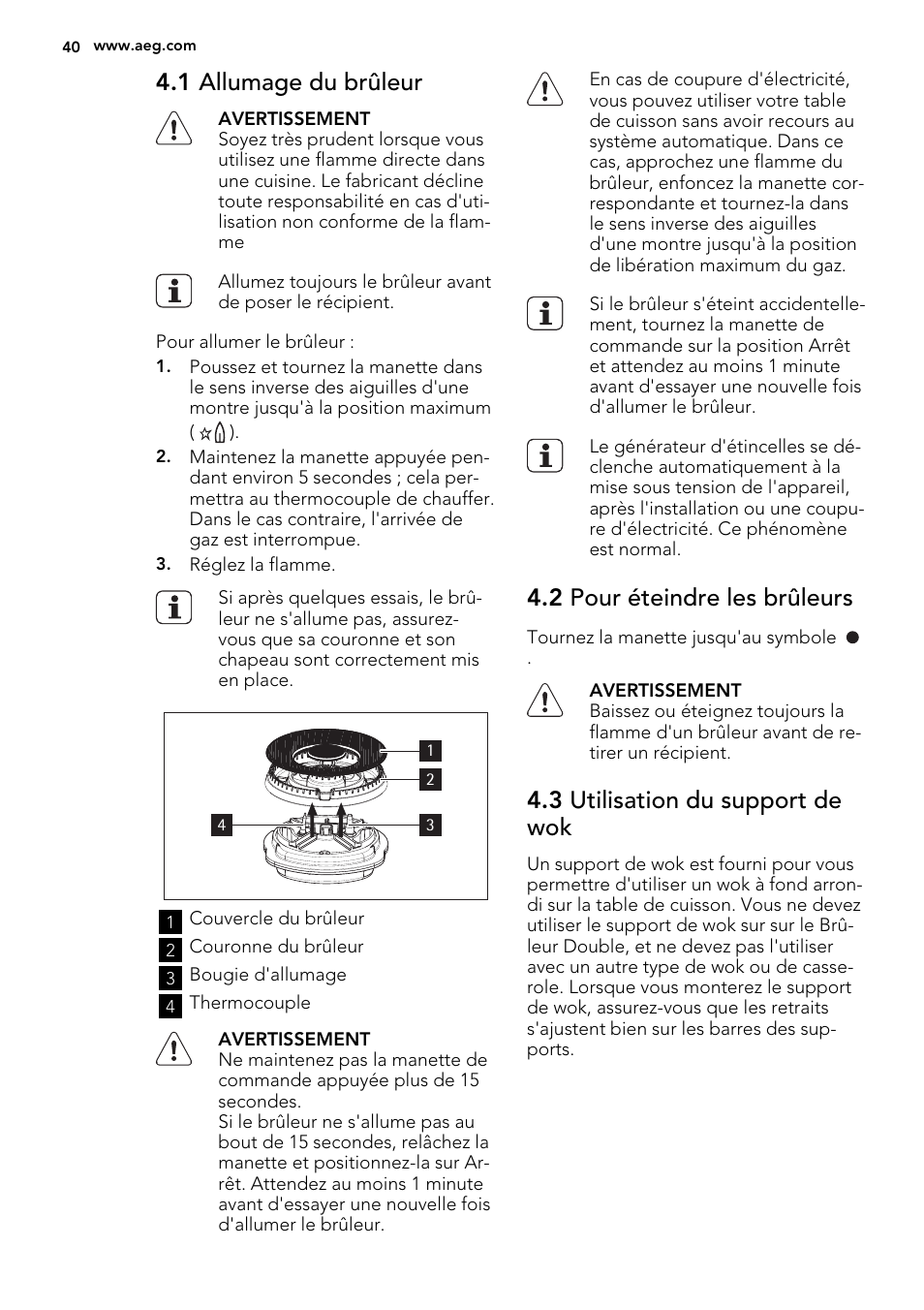 1 allumage du brûleur, 2 pour éteindre les brûleurs, 3 utilisation du support de wok | AEG HC412000GB User Manual | Page 40 / 64