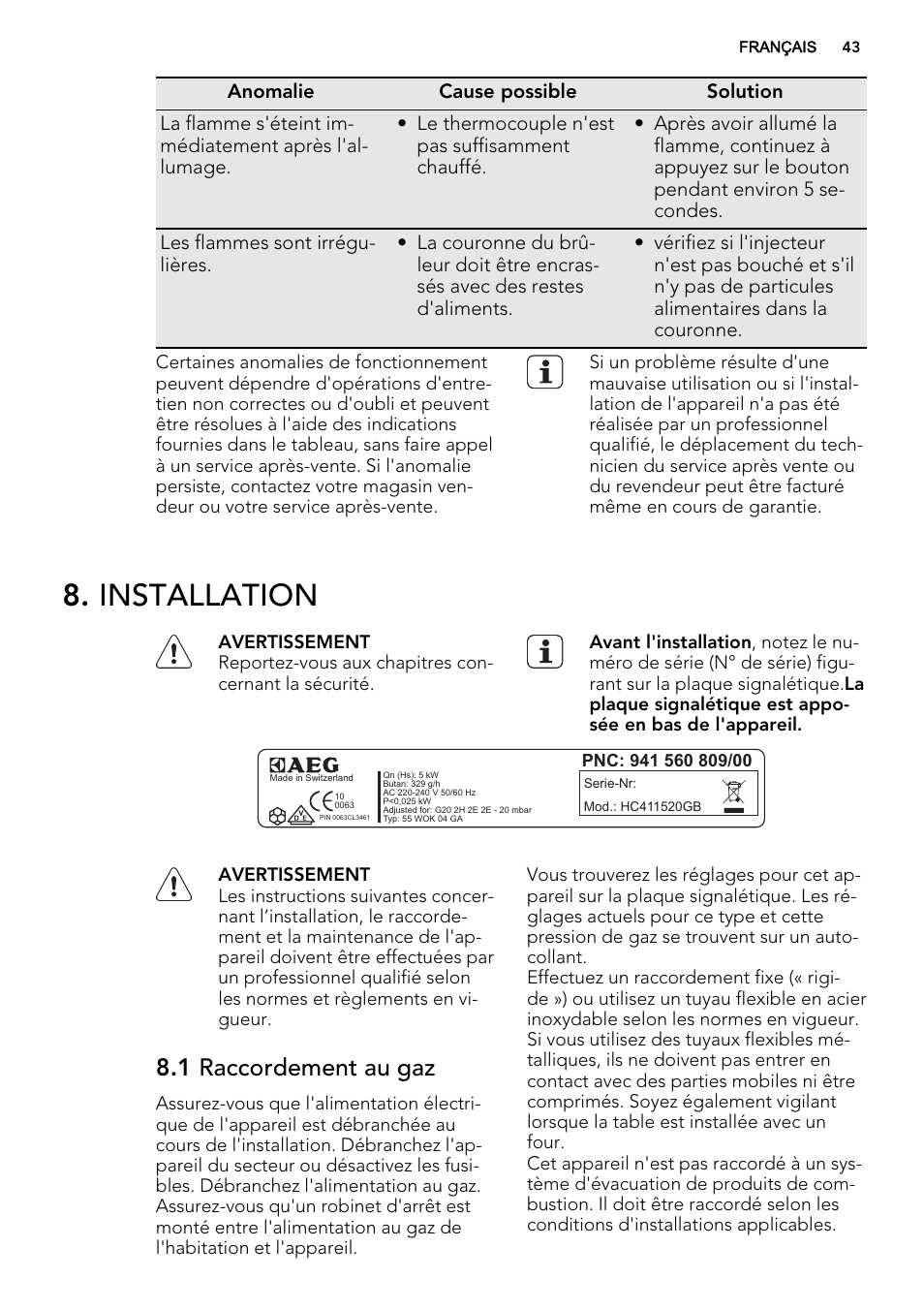 Installation, 1 raccordement au gaz | AEG HC412000GB User Manual | Page 43 / 64