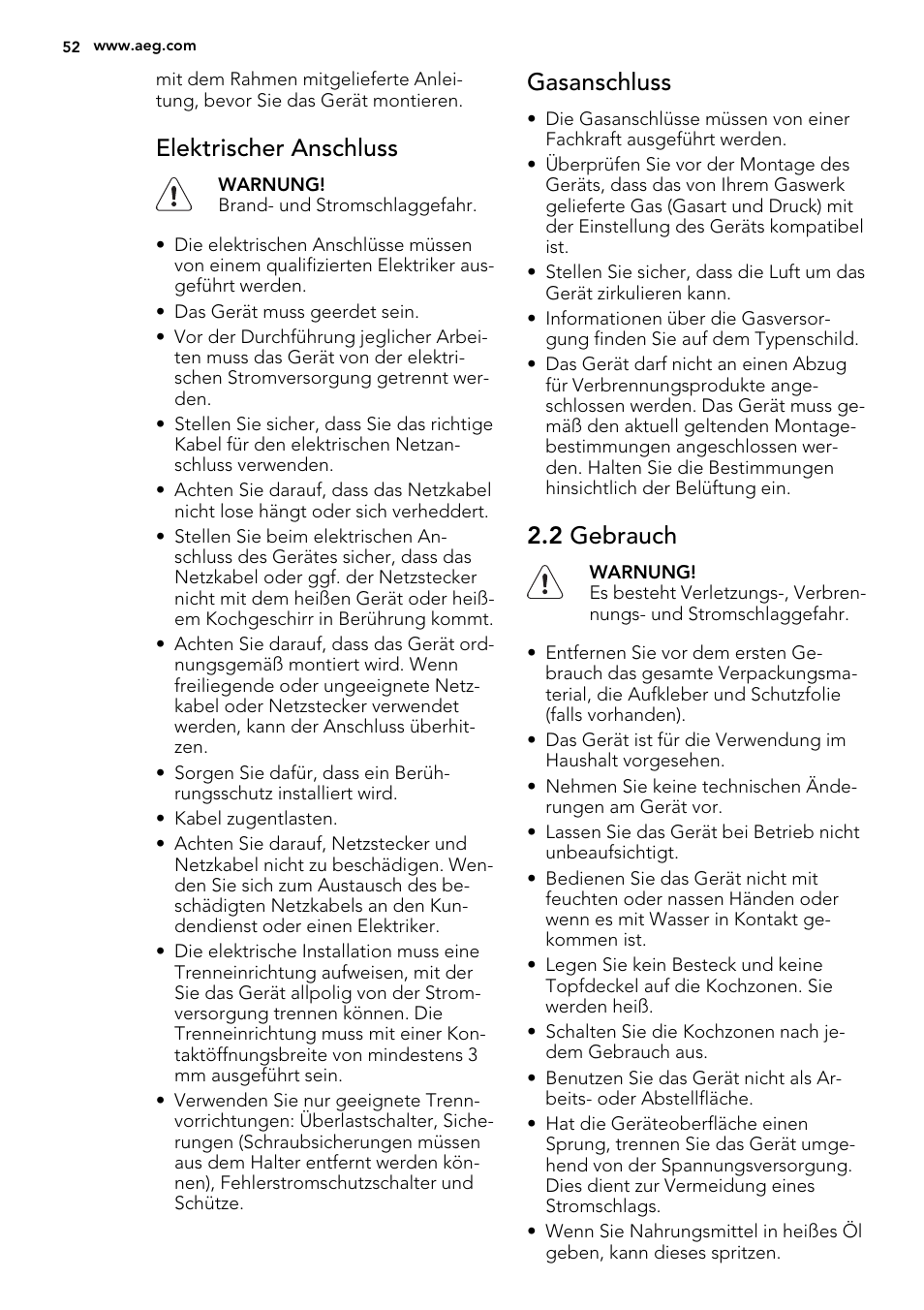 Elektrischer anschluss, Gasanschluss, 2 gebrauch | AEG HC412000GB User Manual | Page 52 / 64