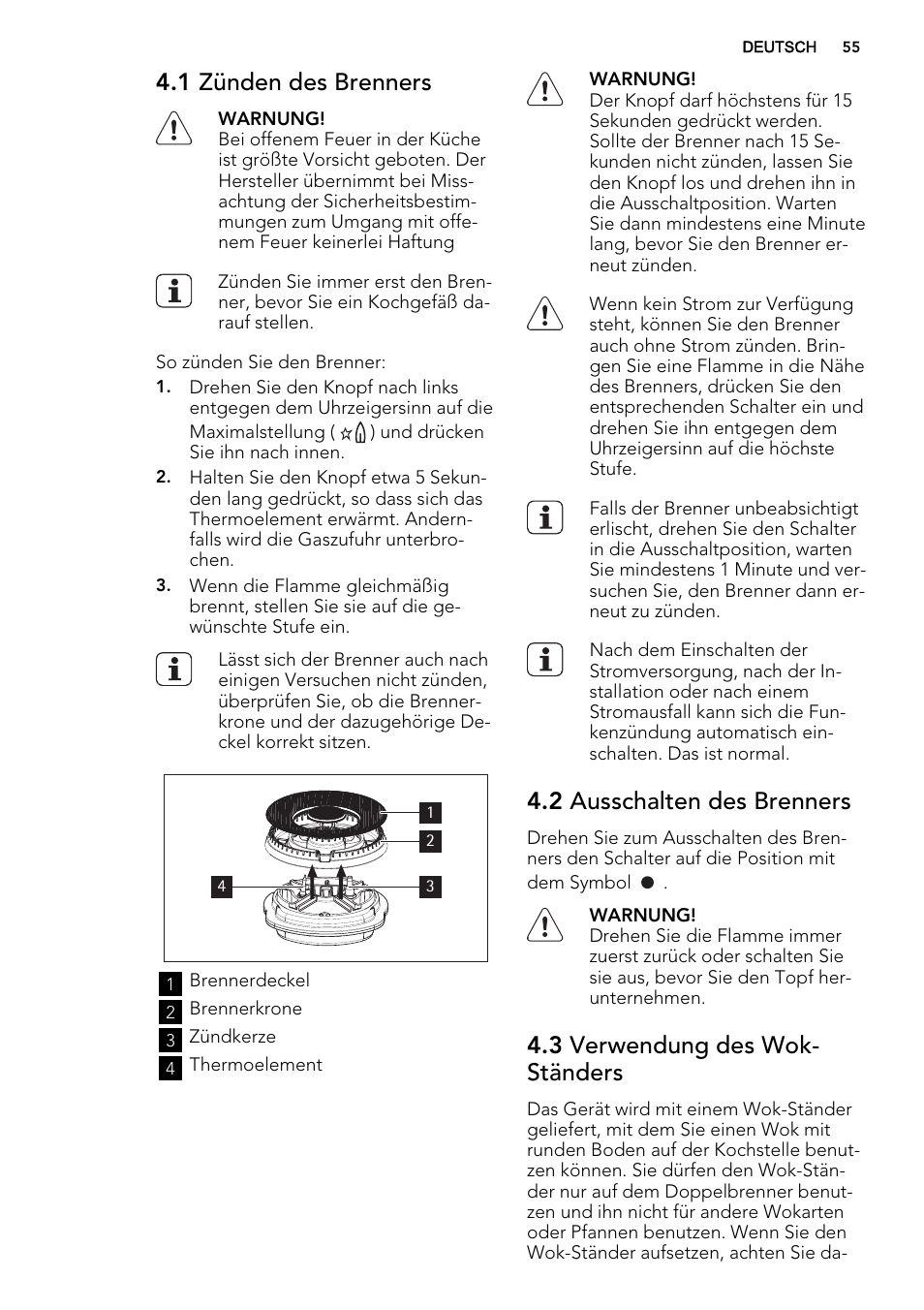 1 zünden des brenners, 2 ausschalten des brenners, 3 verwendung des wok- ständers | AEG HC412000GB User Manual | Page 55 / 64