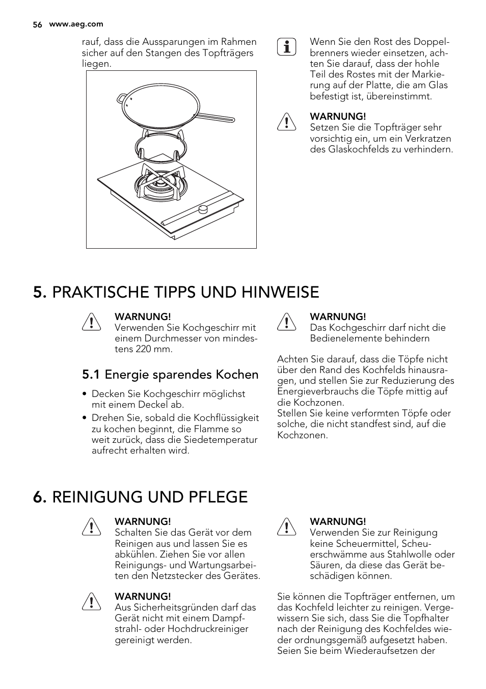 Praktische tipps und hinweise, Reinigung und pflege, 1 energie sparendes kochen | AEG HC412000GB User Manual | Page 56 / 64