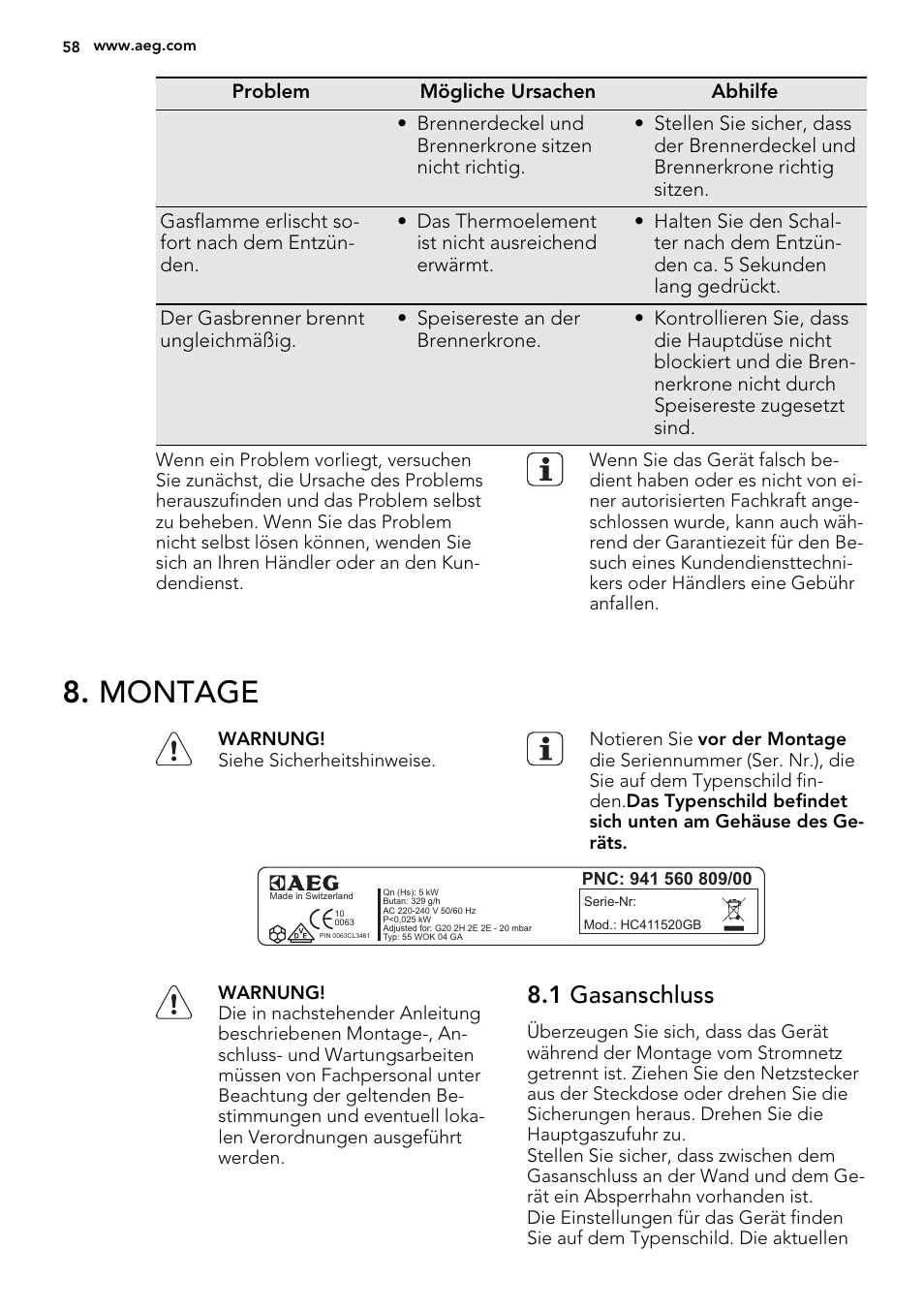 Montage, 1 gasanschluss | AEG HC412000GB User Manual | Page 58 / 64