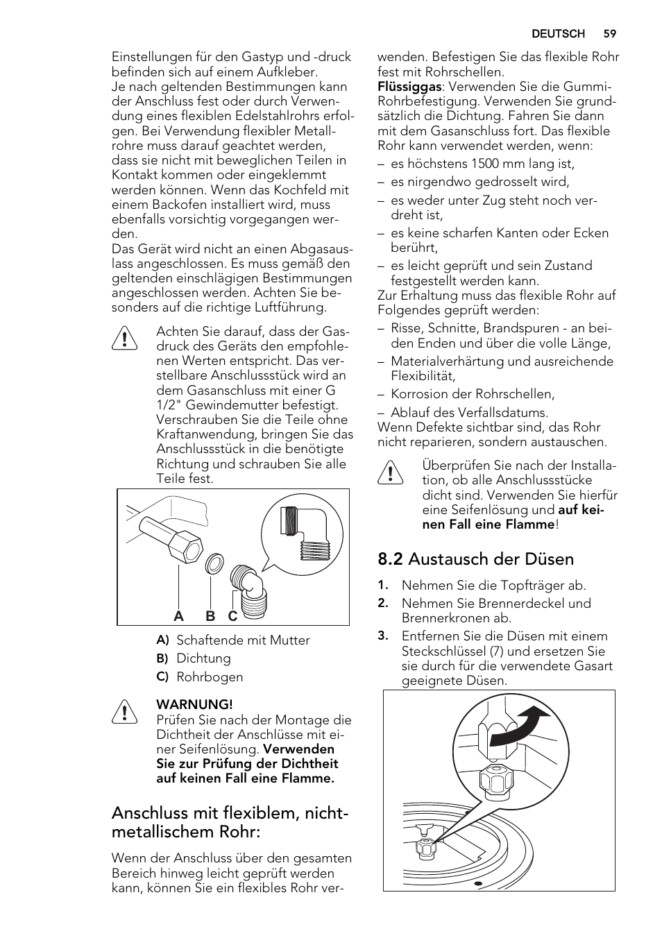 Anschluss mit flexiblem, nicht- metallischem rohr, 2 austausch der düsen | AEG HC412000GB User Manual | Page 59 / 64