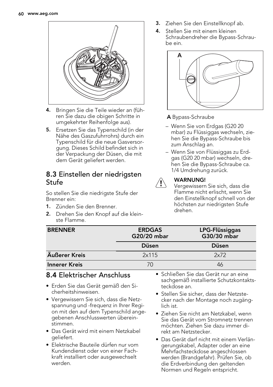 3 einstellen der niedrigsten stufe, 4 elektrischer anschluss | AEG HC412000GB User Manual | Page 60 / 64