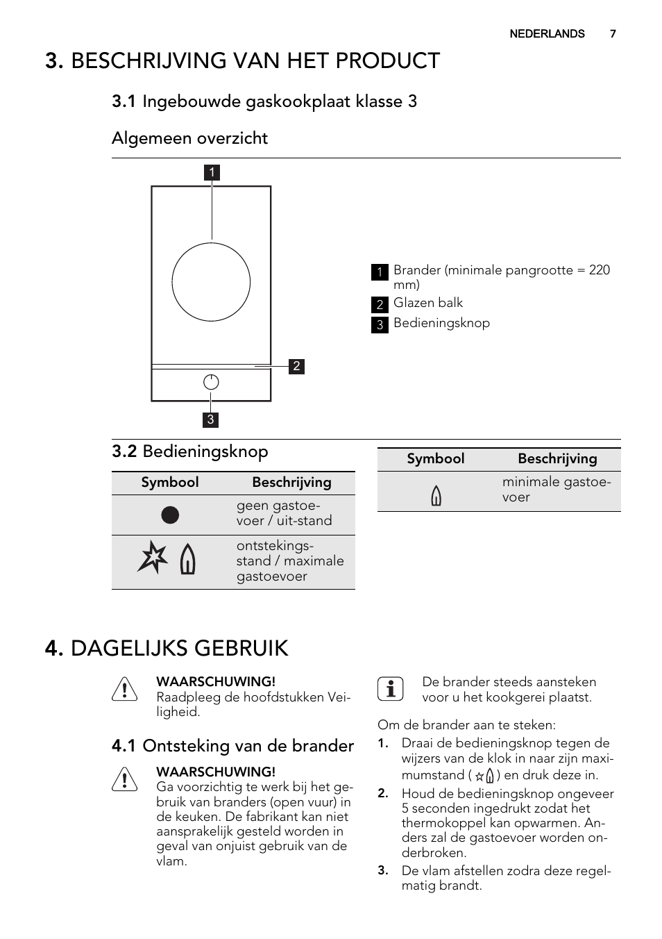 Beschrijving van het product, Dagelijks gebruik, 2 bedieningsknop | 1 ontsteking van de brander | AEG HC412000GB User Manual | Page 7 / 64