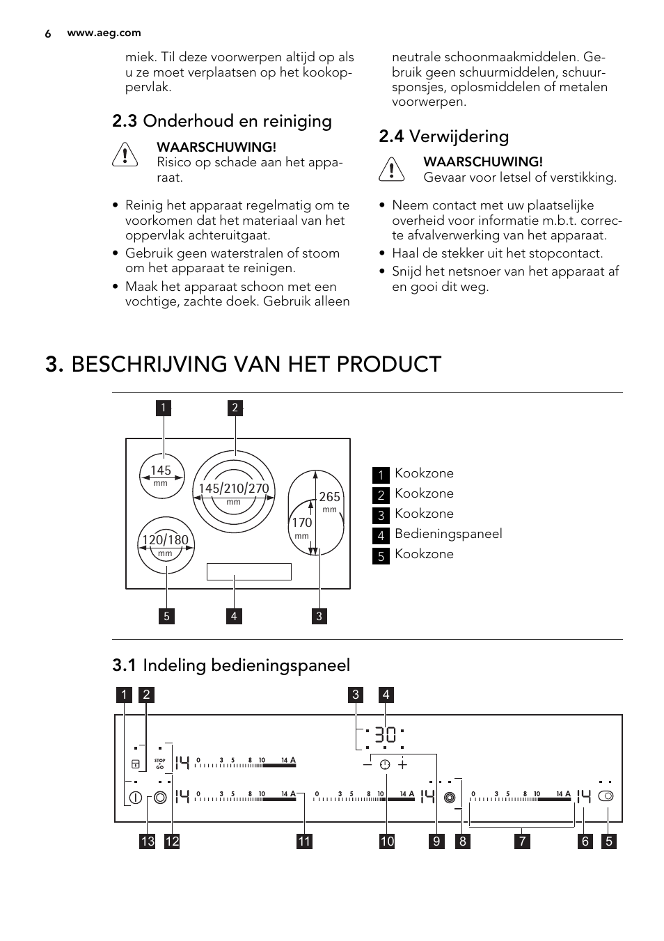 Beschrijving van het product, 3 onderhoud en reiniging, 4 verwijdering | 1 indeling bedieningspaneel | AEG HG654320NM User Manual | Page 6 / 64