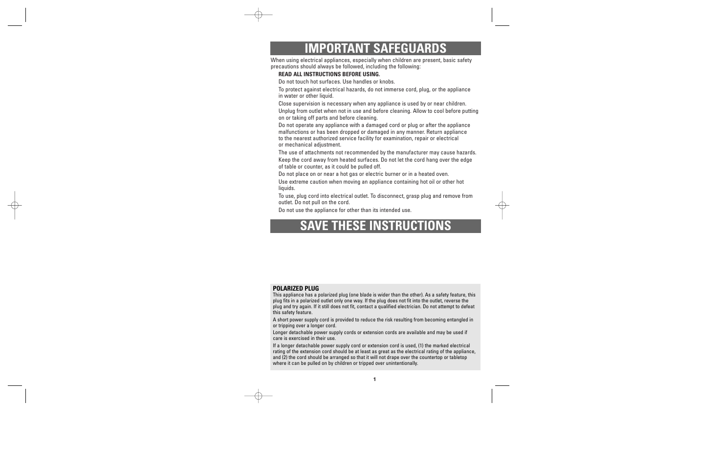 Important safeguards save these instructions | Applica SM-1 User Manual | Page 2 / 11