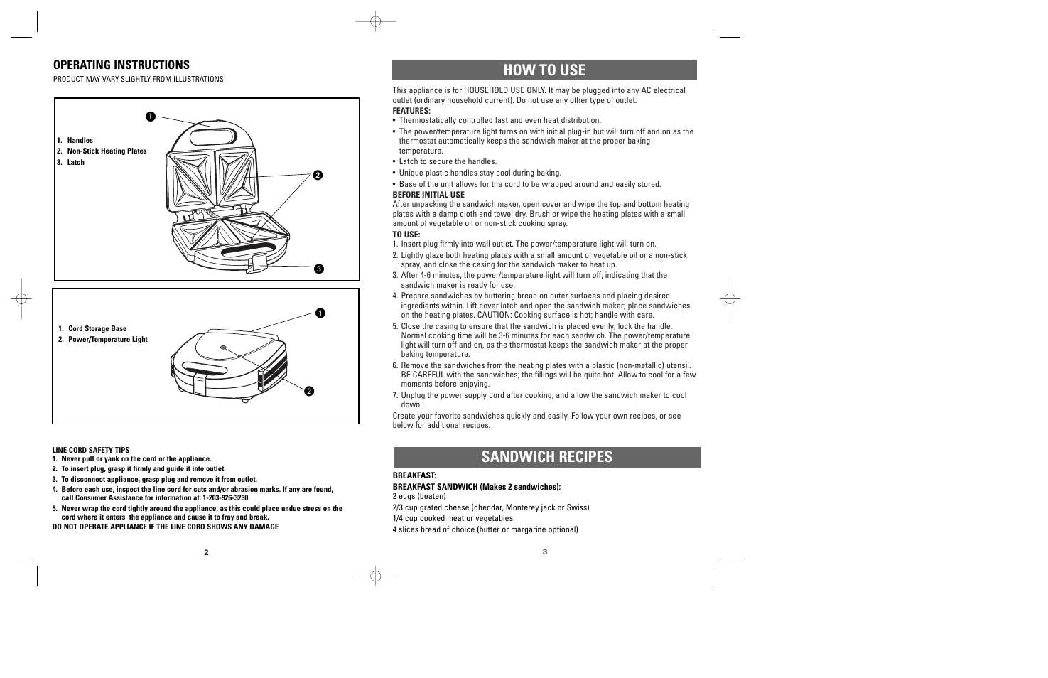 How to use, Sandwich recipes, Operating instructions | Applica SM-1 User Manual | Page 3 / 11