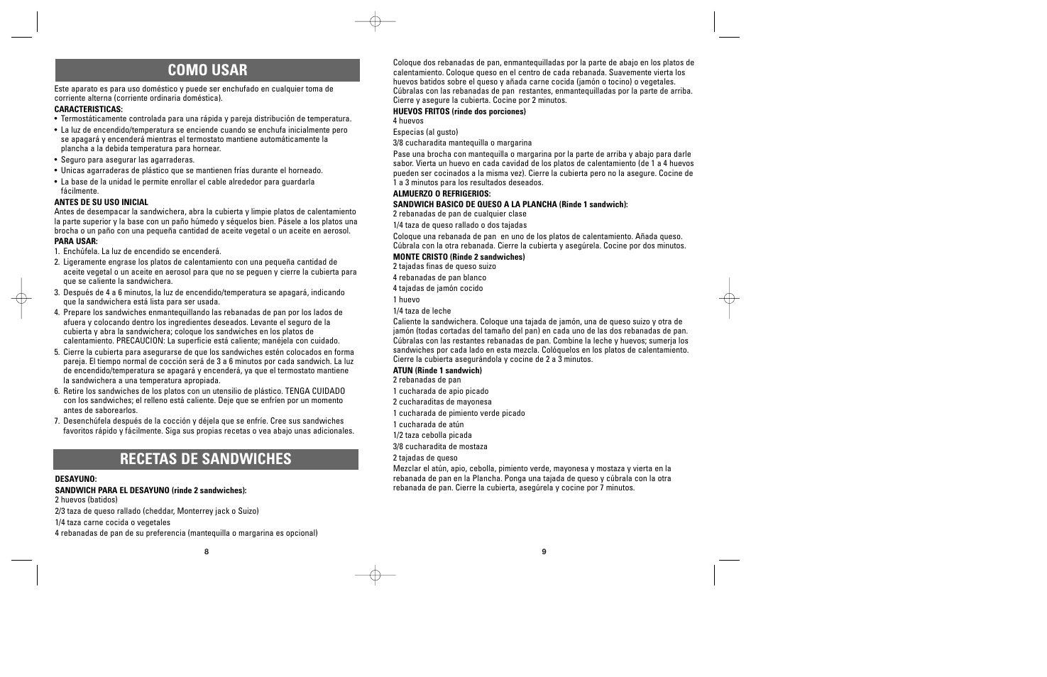 Como usar recetas de sandwiches | Applica SM-1 User Manual | Page 6 / 11