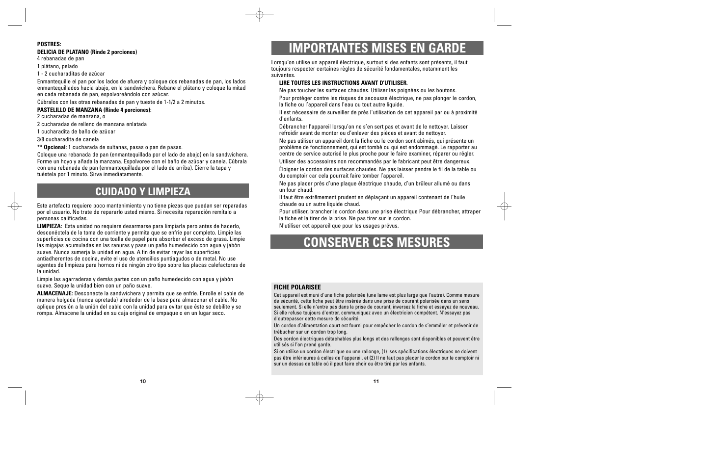 Importantes mises en garde, Conserver ces mesures, Cuidado y limpieza | Applica SM-1 User Manual | Page 7 / 11