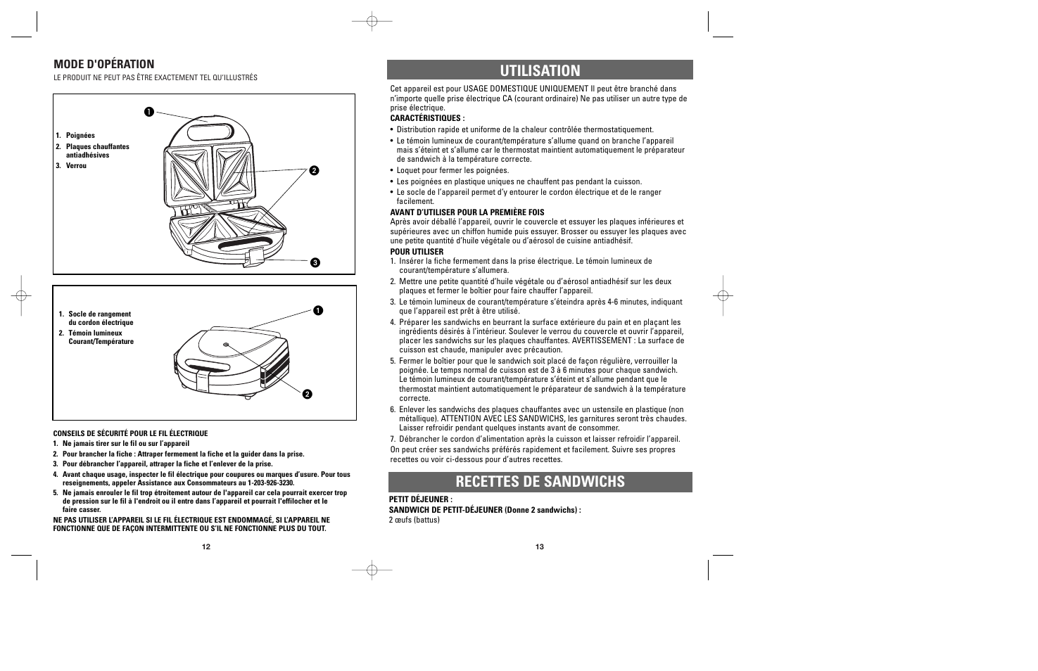 Utilisation recettes de sandwichs, Mode d'opération | Applica SM-1 User Manual | Page 8 / 11