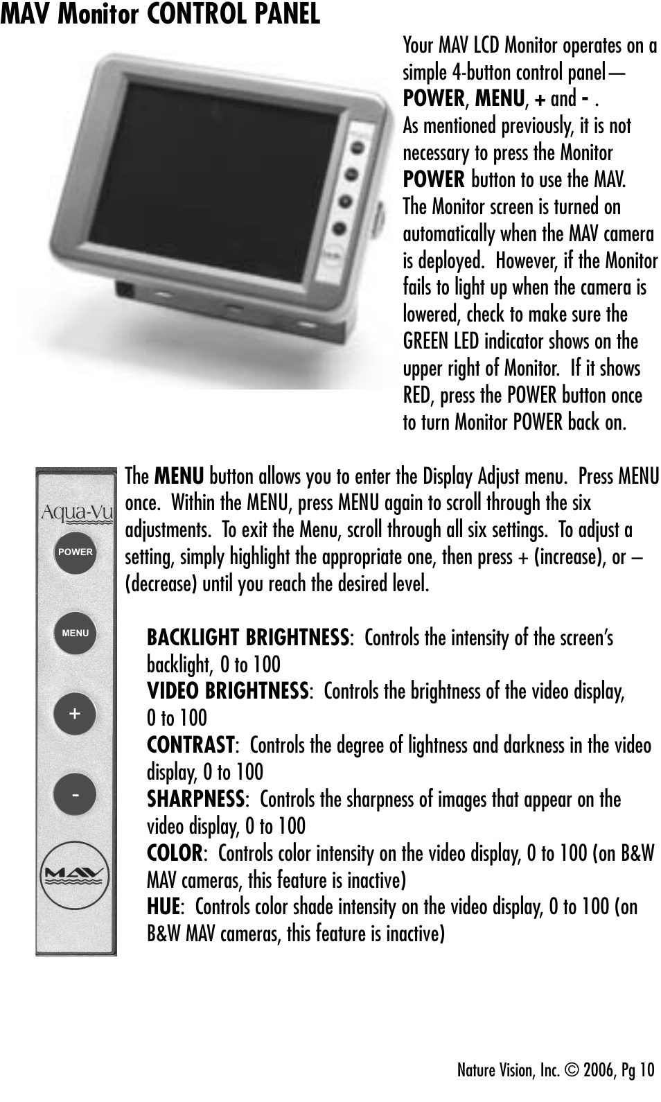 Mav monitor control panel | Aqua-Vu Motorized Aqua-Vu Aqua-Vu MAV User Manual | Page 12 / 20