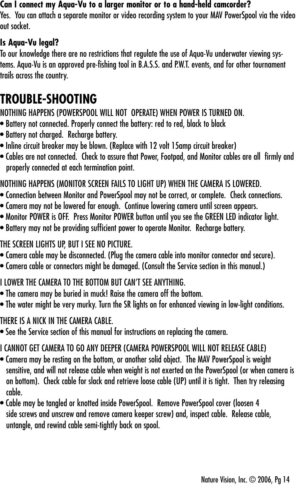 Trouble-shooting | Aqua-Vu Motorized Aqua-Vu Aqua-Vu MAV User Manual | Page 16 / 20