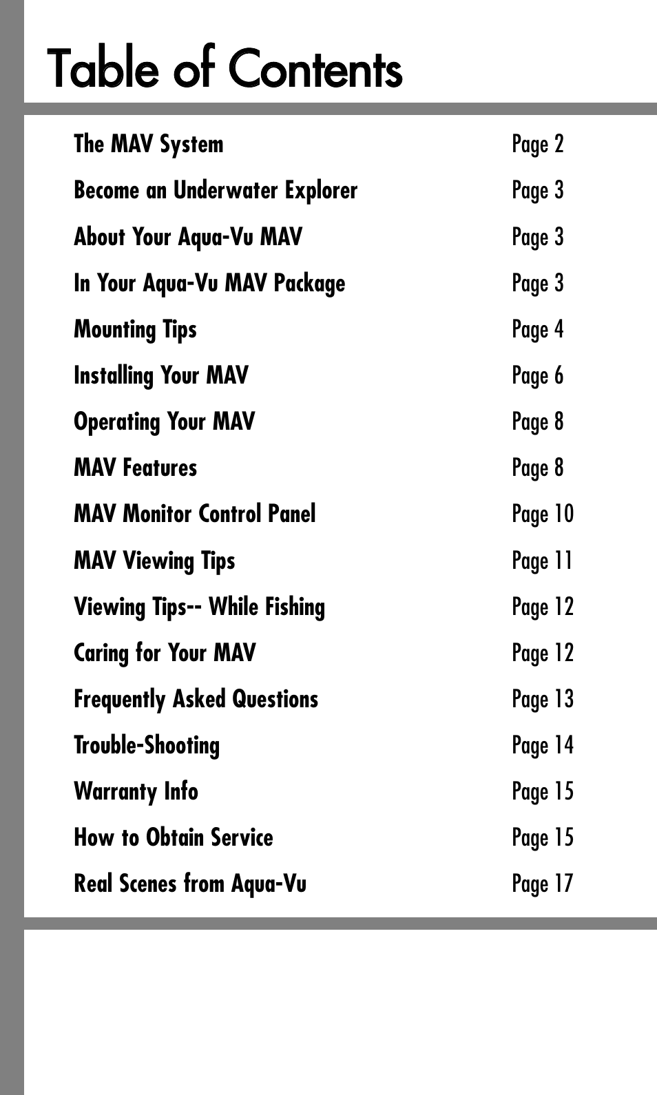 Ttaabbllee ooff c coonntteennttss | Aqua-Vu Motorized Aqua-Vu Aqua-Vu MAV User Manual | Page 2 / 20