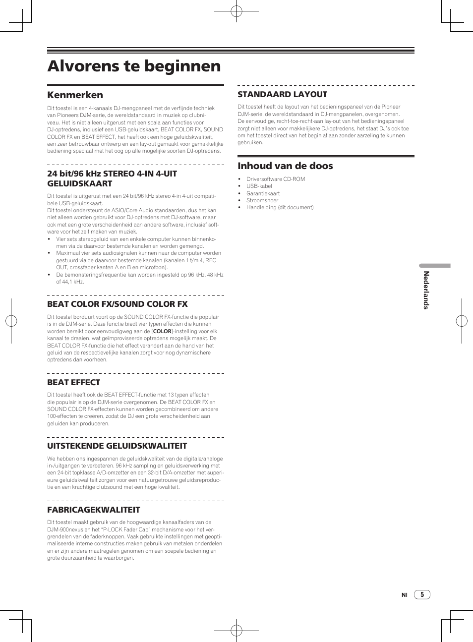 Alvorens te beginnen, Kenmerken inhoud van de doos, Kenmerken | Inhoud van de doos | Pioneer DJM-850-W User Manual | Page 31 / 112