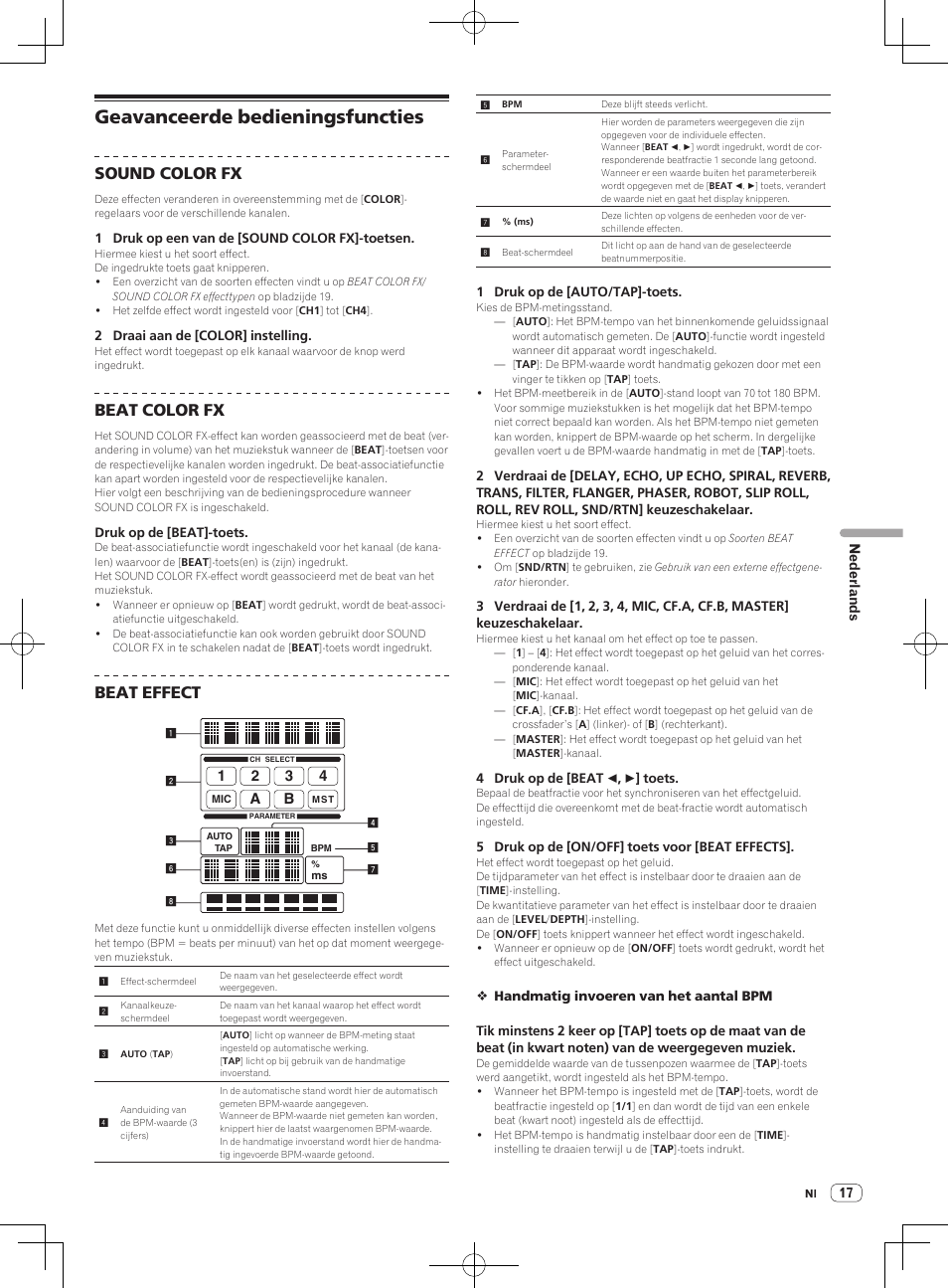 Geavanceerde bedieningsfuncties, Sound color fx, Beat color fx | Beat effect | Pioneer DJM-850-W User Manual | Page 43 / 112