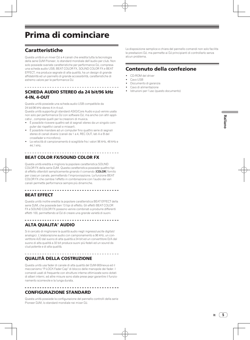 Prima di cominciare, Caratteristiche contenuto della confezione, Caratteristiche | Contenuto della confezione | Pioneer DJM-850-W User Manual | Page 5 / 112