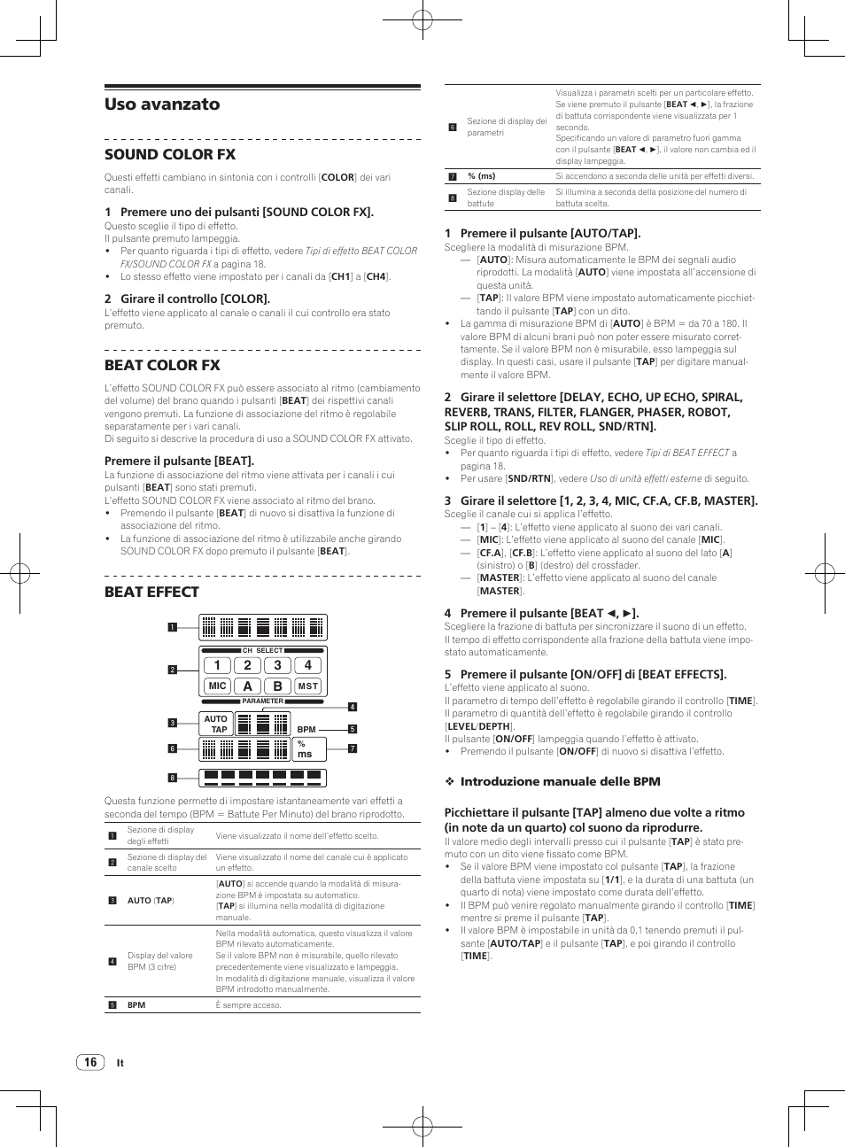 Uso avanzato, Sound color fx, Beat color fx | Beat effect | Pioneer DJM-850-S User Manual | Page 16 / 112