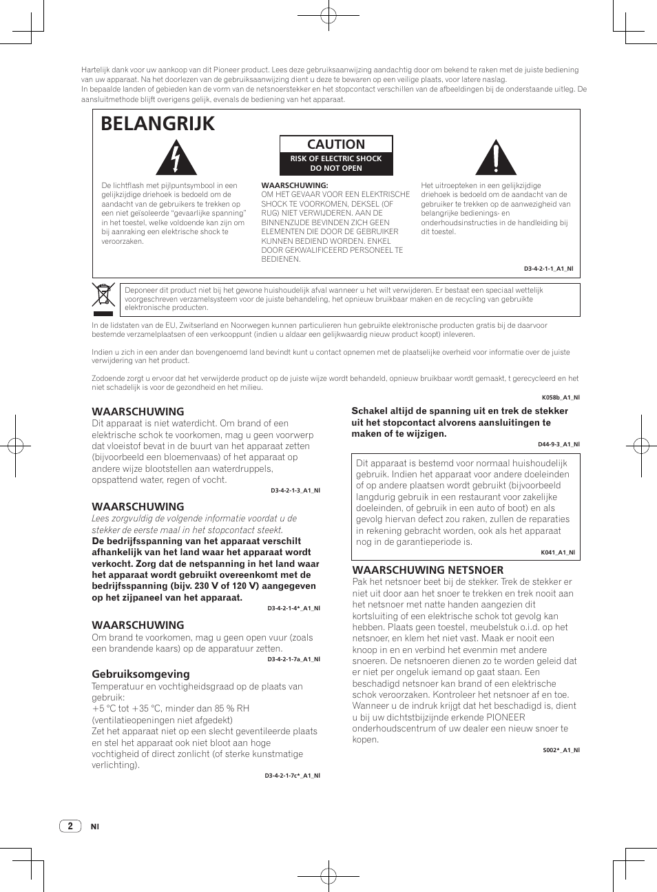 Belangrijk, Caution, Waarschuwing | Gebruiksomgeving, Waarschuwing netsnoer | Pioneer DJM-850-S User Manual | Page 28 / 112