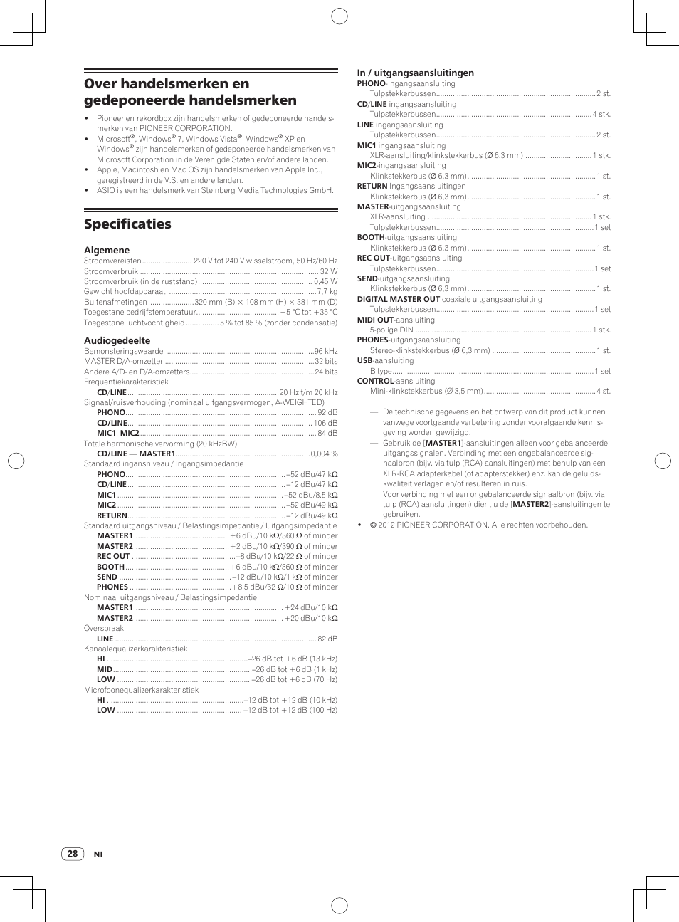 Over handelsmerken en gedeponeerde handelsmerken, Specificaties | Pioneer DJM-850-S User Manual | Page 54 / 112