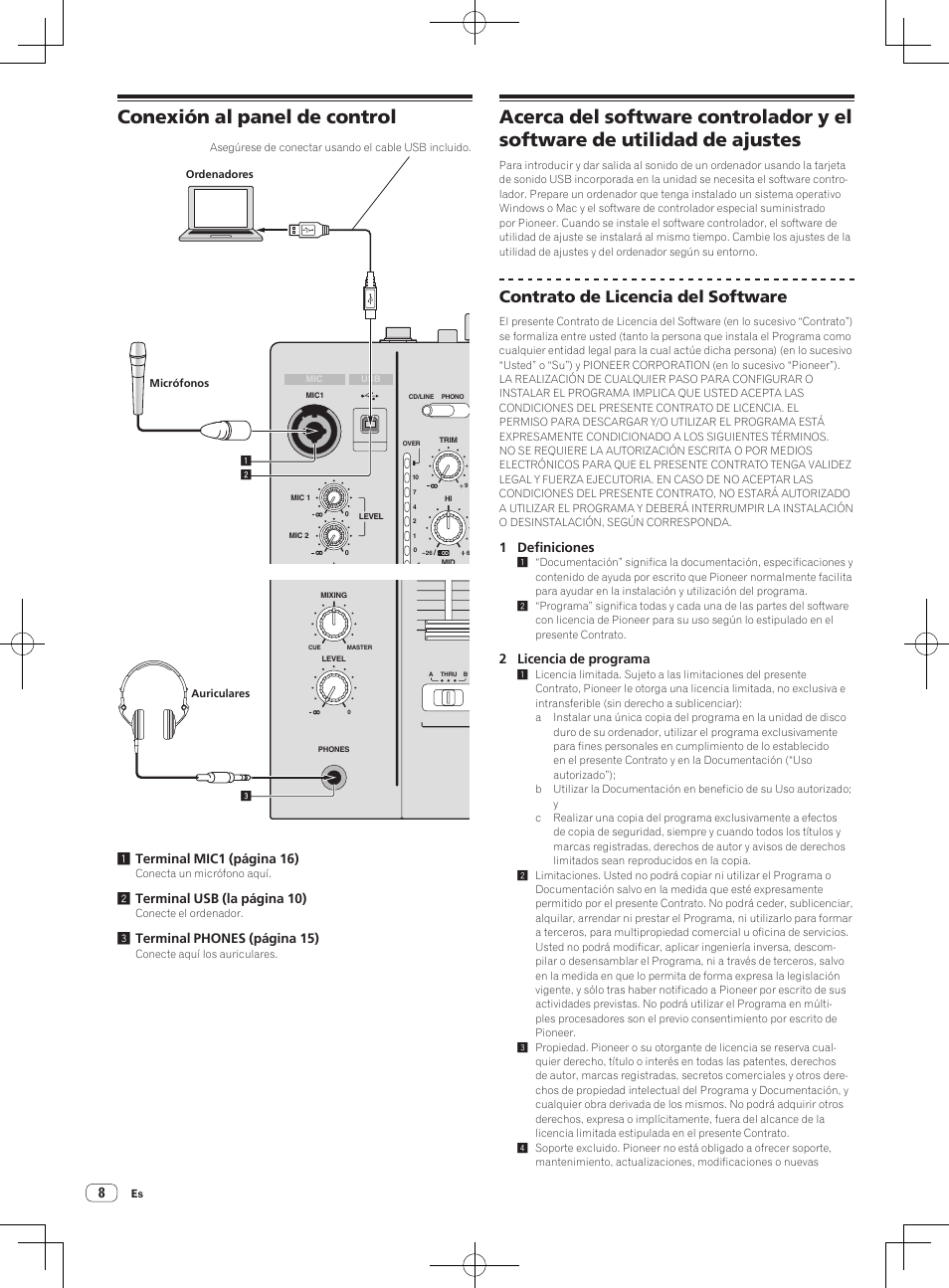 Conexión al panel de control, Contrato de licencia del software | Pioneer DJM-850-S User Manual | Page 62 / 112