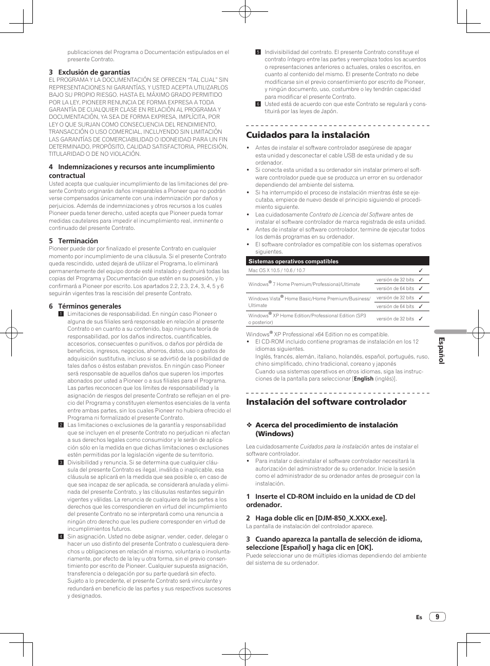 Cuidados para la instalación, Instalación del software controlador | Pioneer DJM-850-S User Manual | Page 63 / 112